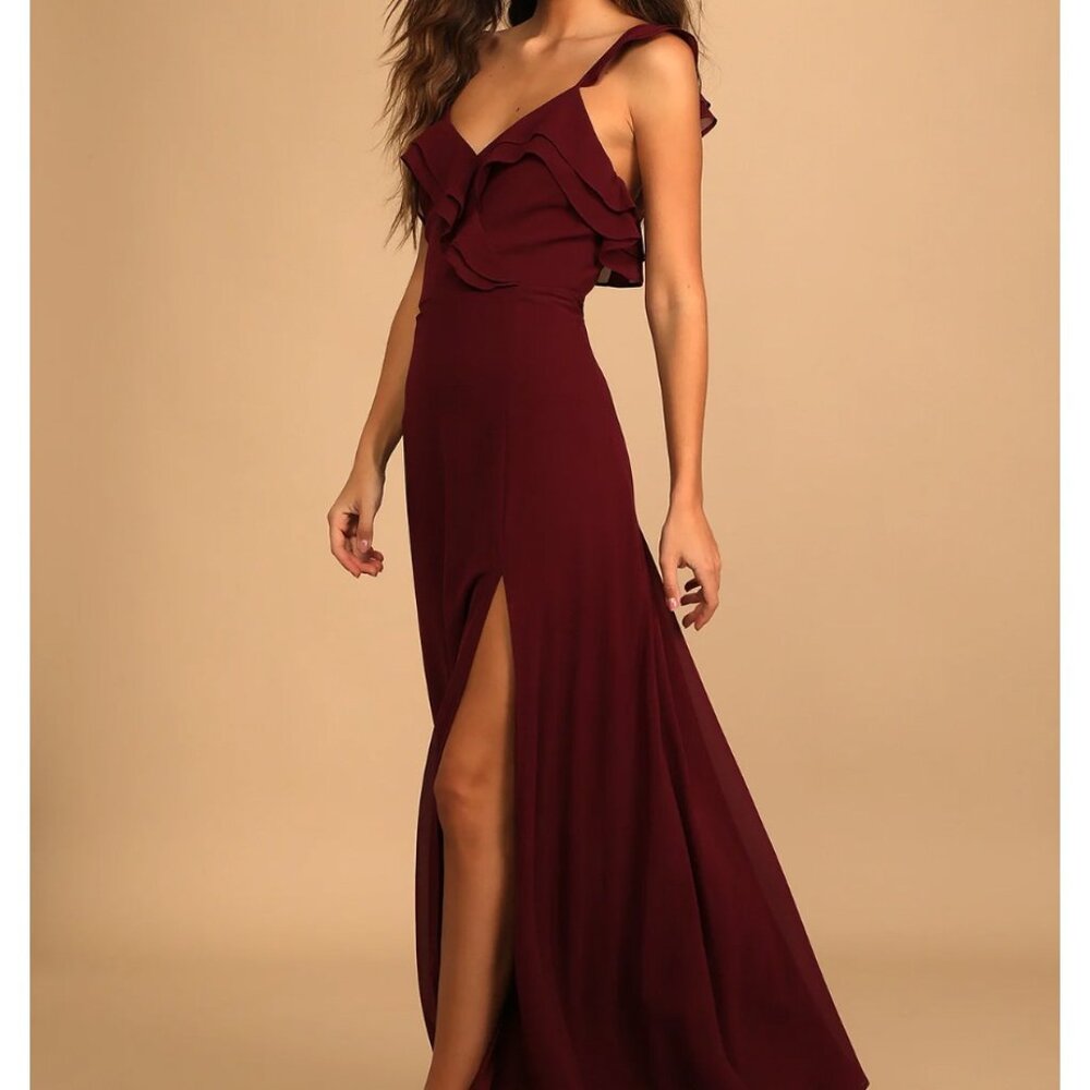 Adoring Glances Burgundy Ruffled Maxi Dress | Small